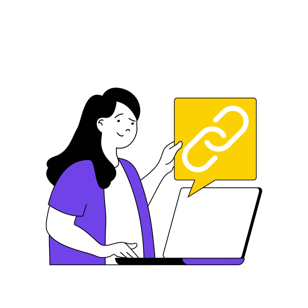 a cartoon of a woman pointing at a yellow sign with a link in the screen