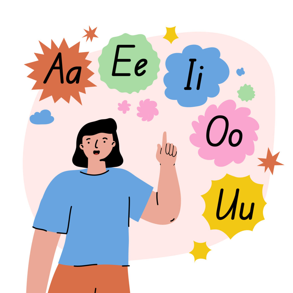 a cartoon of a woman pointing at letters