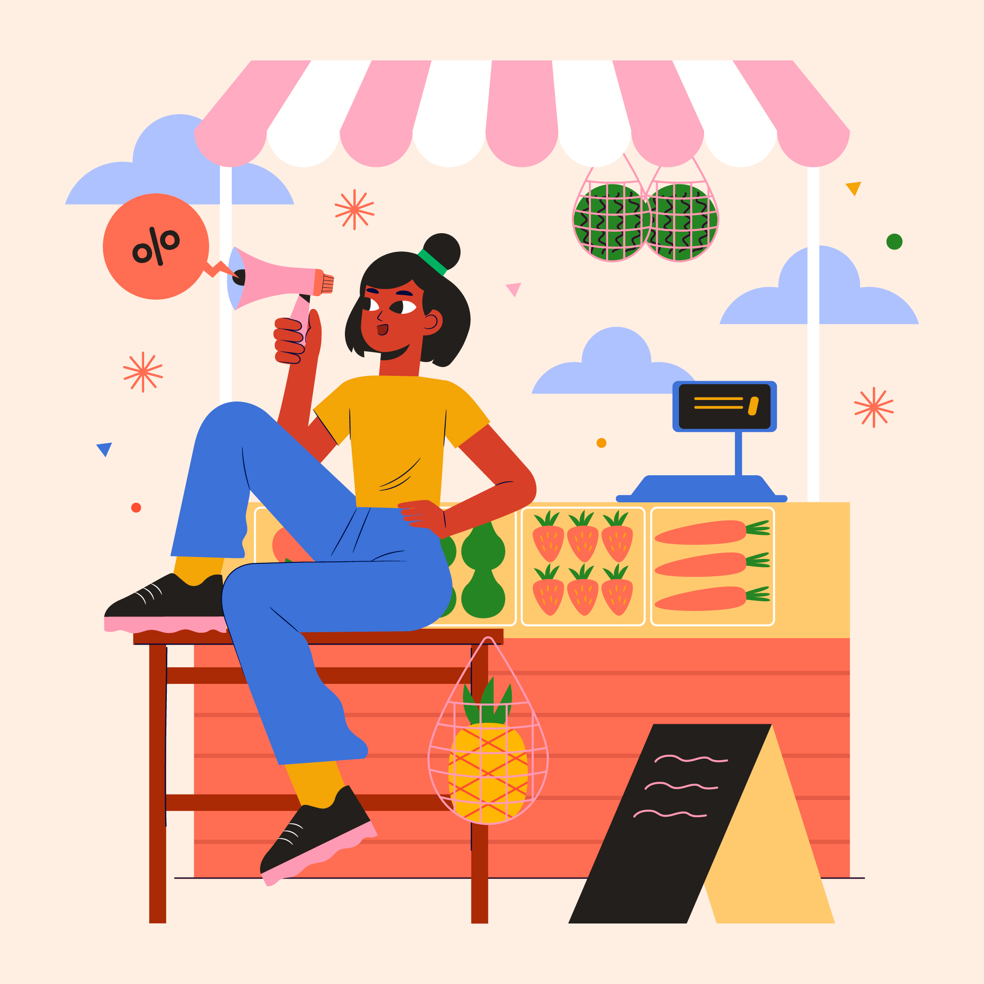 a cartoon of a woman sitting at a market